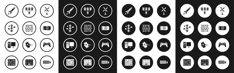 Set Wind turbine, Binary code, DNA symbol, Rocket ship with fire, Video graphic card, Server, Data, Web Hosting, Gamepad and Computer monitor icon. Vector