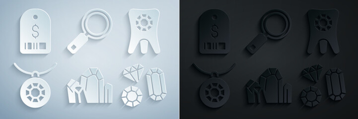 Set Gem stone, Tooth with diamond, Pendant necklace, Magnifying glass and Price tag dollar icon. Vector