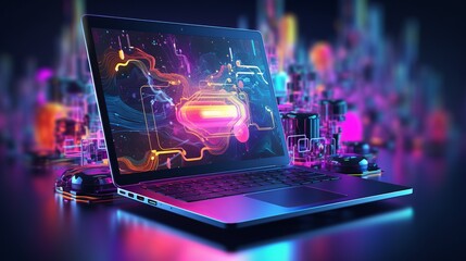futuristic laptop technology in neon colors - ideal for cover designs, wallpapers, and modern projects - obrazy, fototapety, plakaty
