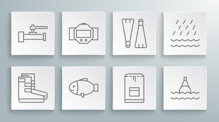 Set line Boots, Diving watch, Fish, Backpack, Floating buoy on the sea, Rubber flippers for swimming, Rain and waves and Industry metallic pipes valve icon. Vector