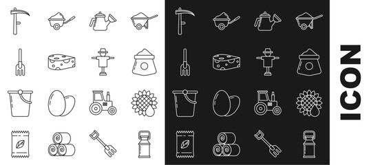Set line Can container for milk, Sunflower, Bag of flour, Watering can, Cheese, Garden rake, Scythe and Scarecrow icon. Vector