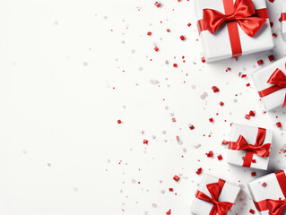white Christmas background for scrapbooking and postcards, New Year gifts with red ribbons on the right
