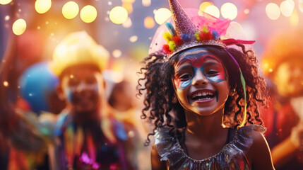 Festive banner with halloween party. Happy smiling kids with scary with makeup and wearing carnival costume on shiny colorful bokeh background. Postcard with copy space. Generative AI