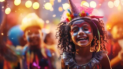 Zelfklevend Fotobehang Festive banner with halloween party. Happy smiling kids with scary with makeup and wearing carnival costume on shiny colorful bokeh background. Postcard with copy space. Generative AI © Odin
