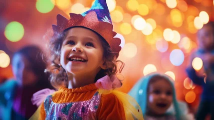 Gordijnen Festive banner with halloween party. Happy smiling kids with scary with makeup and wearing carnival costume on shiny colorful bokeh background. Postcard with copy space. Generative AI © Odin