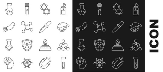 Set line Test tube and flask chemical, Bacteria, Molecule, and Pipette icon. Vector