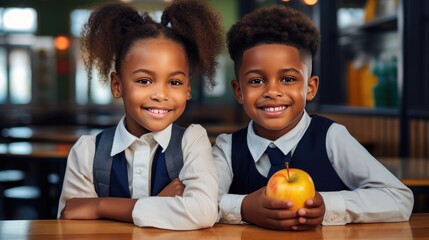 young African American boy and girl who radiate joy as they enjoy their lunch break at school together.