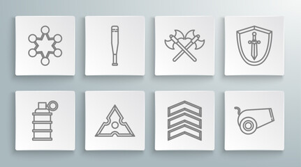 Set line Hand grenade, Baseball bat, Japanese ninja shuriken, Military rank, Cannon, Crossed medieval axes, Medieval shield with sword and Police badge icon. Vector
