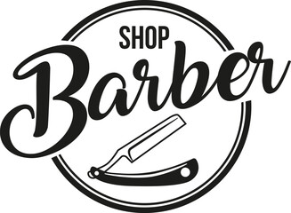 barber shop round logo with writing and razor