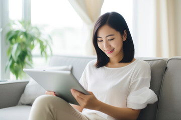 Asian Female on Couch with Tablet