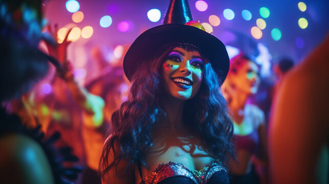 Festive banner with halloween party. Happy smiling people with scary makeup and wearing carnival costumes on shiny colorful bokeh background. Postcard with copy space. Generative AI