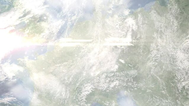 Zoom in from space and focus on Dietzenbach, Germany. 3D Animation. Background for travel intro. Elements of this image furnished by NASA	