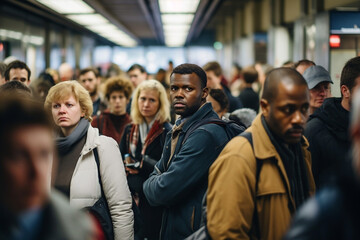 Obraz premium Diverse people in a crowded metro during rush hour after work, sad and tired