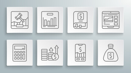 Set line Calculator, Pie chart infographic, Financial growth and dollar, Mobile stock trading, Money bag, book, Trading courses and Online internet auction icon. Vector