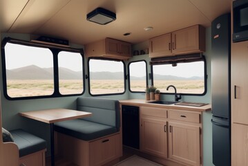 Interior of travel camping van or camper RV with stove and sink. Vanlife lifestyle vibes, cooking on campsite during road trip with amazing view of mountains. Life on the road in converted van - obrazy, fototapety, plakaty