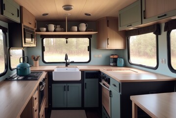 Interior of travel camping van or camper RV with stove and sink. Vanlife lifestyle vibes, cooking on campsite during road trip with amazing view of mountains. Life on the road in converted van