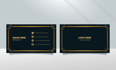 Luxury and elegant dark black green name card design with gold style minimalist print template.