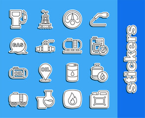 Set line Canister for motor oil, Propane gas tank, Motor gauge, Metallic pipes and valve, Location station, Petrol and Oil storage icon. Vector