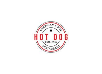 Hot dog logo badge with retro design style. Hot dog emblem logo design. 