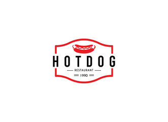 Hot dog logo badge with retro design style. Hot dog emblem logo design. 