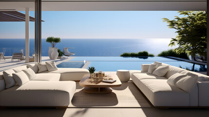 Fototapeta premium A modern house with sleek lines and expansive glass windows offers breathtaking ocean views. The photography focuses on the clean design and the interplay of light and shadow,.