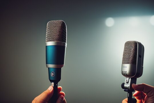 Podcast microphone on a tripod, a black metal dynamic microphone in recording studio background, for recording podcast or radio program, show, sound and audio equipment, technology, product photo