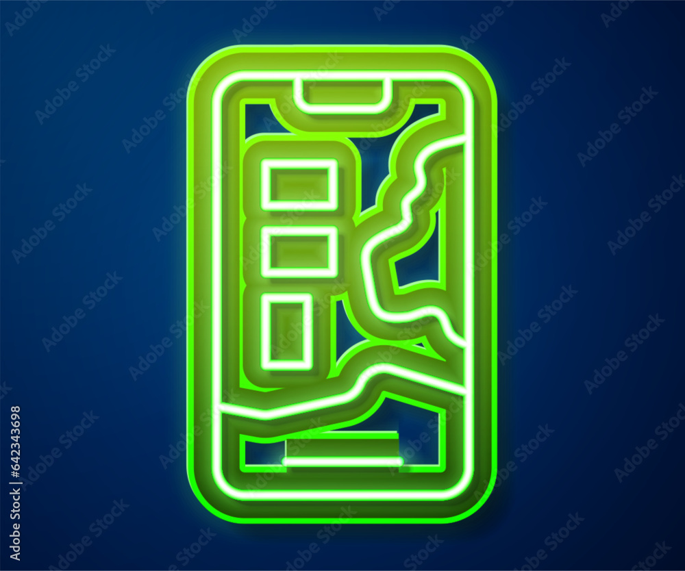 Poster glowing neon line infographic of city map navigation icon isolated on blue background. mobile app in