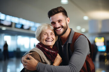 Obraz premium Heartwarming Airport Reunion: Son Embraces Senior Mother