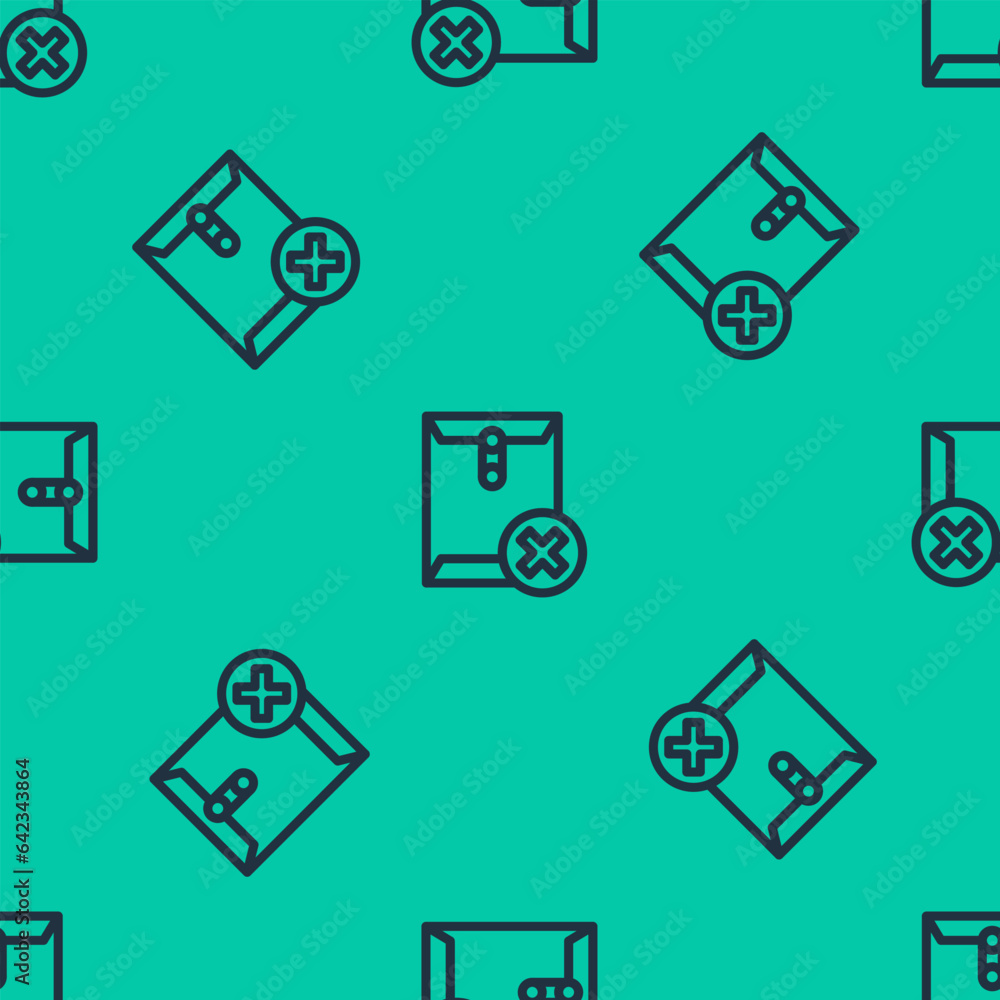 Poster blue line delete envelope icon isolated seamless pattern on green background. delete or error letter