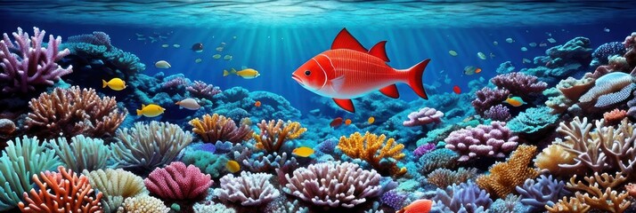 underwater coral reef landscape wide panorama background in the deep blue ocean with colorful fish and marine life . Banner - obrazy, fototapety, plakaty