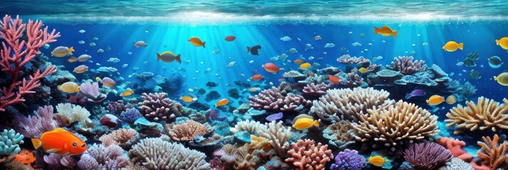 underwater coral reef landscape wide panorama background in the deep blue ocean with colorful fish and marine life . Banner