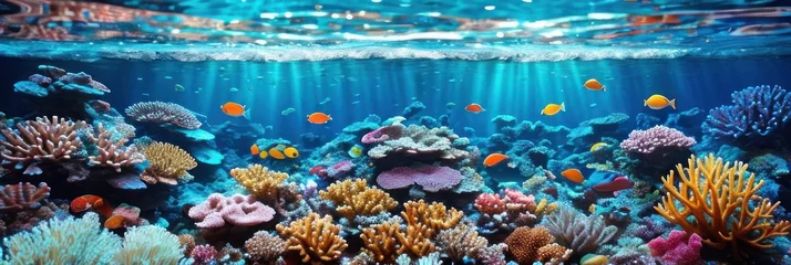 Schilderijen op glas underwater coral reef landscape wide panorama background in the deep blue ocean with colorful fish and marine life . Banner © useful pictures
