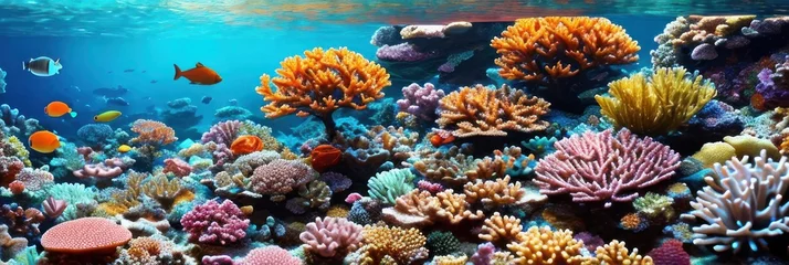 Fototapeten underwater coral reef landscape wide panorama background in the deep blue ocean with colorful fish and marine life . Banner © useful pictures