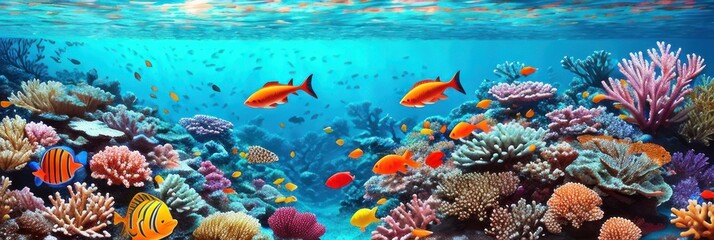 underwater coral reef landscape wide panorama background in the deep blue ocean with colorful fish and marine life . Banner - obrazy, fototapety, plakaty