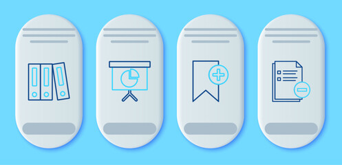 Set line Presentation financial board with graph, schedule, chart, diagram, infographic, pie graph, Bookmark, Office folders papers and documents and Document minus icon. Vector