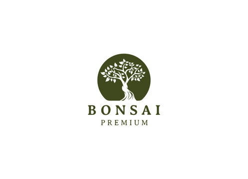 Vintage Bonsai Tree Logo Design Inspiration. Vector illustration of aesthetic bonsai and potted plants. Bonsai tree from chinese and japanese culture brand identity for Hotel retro brand logo.