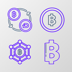 Set line Cryptocurrency coin Bitcoin, Blockchain technology, and exchange icon. Vector