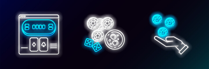 Set line Hand holding casino chips, Online poker table game and Casino dice glass of whiskey with ice cubes icon. Glowing neon. Vector