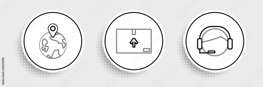 Poster set line support operator in touch, worldwide and cardboard box with traffic symbol icon. vector