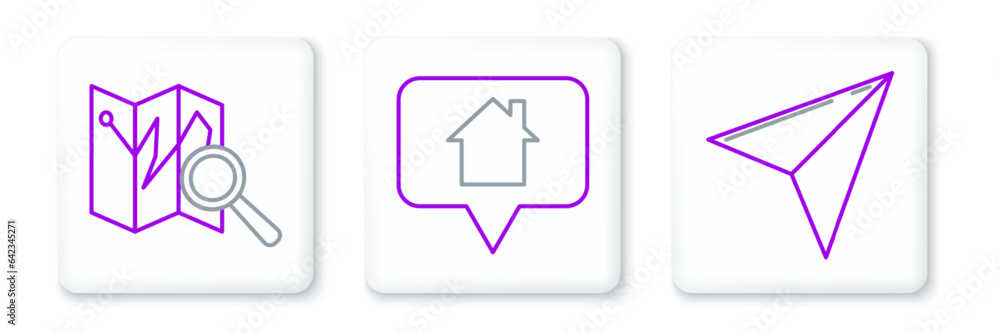 Aufkleber set line paper airplane, folded map with location marker and map pointer house icon. vector