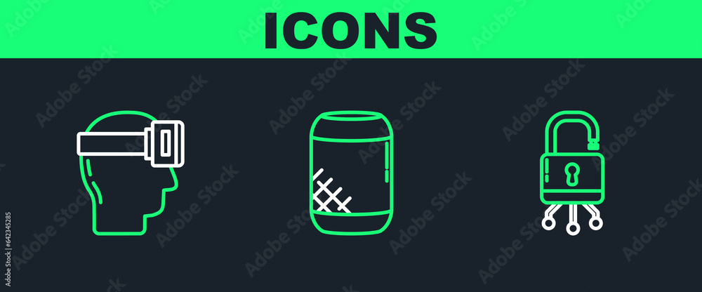 Sticker set line lock on digital circuit board, virtual reality glasses and voice assistant icon. vector