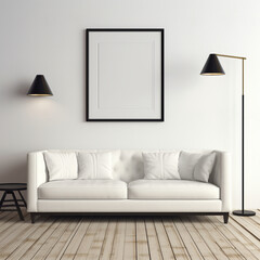 white Scandinavian-style interior large white vertical frame over a white sofa, lamp