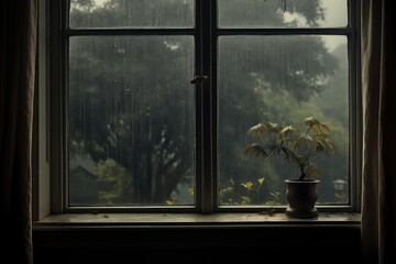 Rainy Day Window View: Cozy Indoor Scene on a Drizzly Day