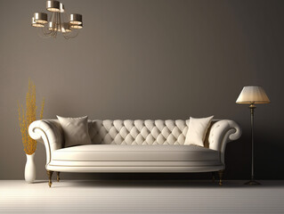 interior with a white luxury sofa against a dark gray wall, floor lamp and chandelier, white floor