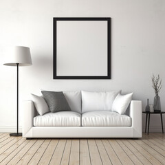 white Scandinavian style interior large white frame over a white sofa, lamp