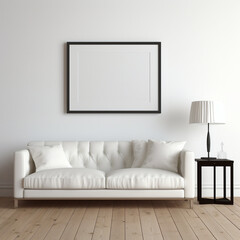 white Scandinavian-style interior large white horizontal frame above a white sofa