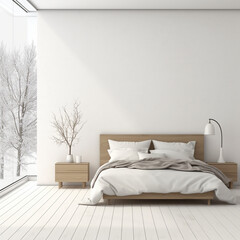 white bedroom interior in winter in Scandinavian style