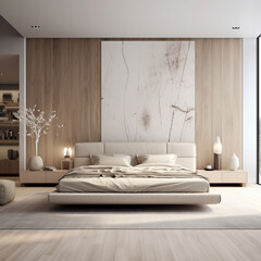 beige bedroom interior in winter in Scandinavian style