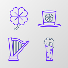 Set line Glass of beer, Harp, Leprechaun hat and four leaf clover and Four icon. Vector