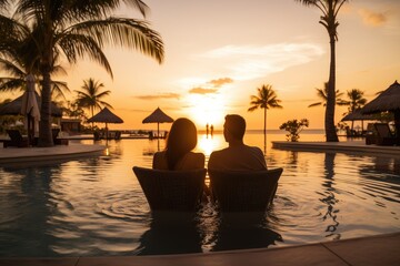 Young couple traveler relaxing and enjoying the sunset 